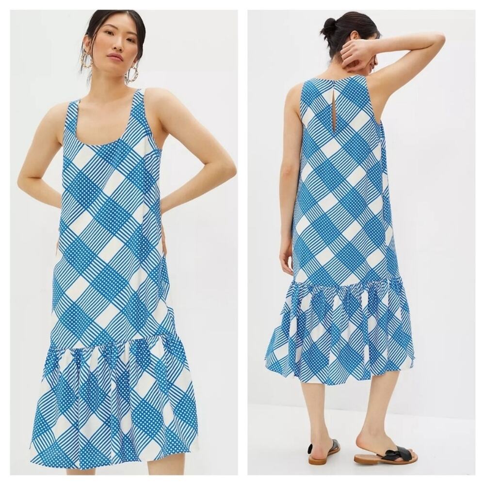 Anthropologie Michaela Blue White Plaid Flounce Sleeveless Midi Dress Pockets M